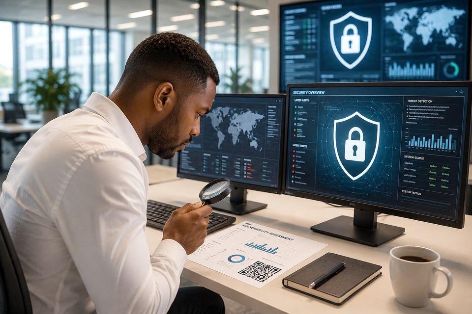 Analyst reviewing a cybersecurity vulnerability assessment report.