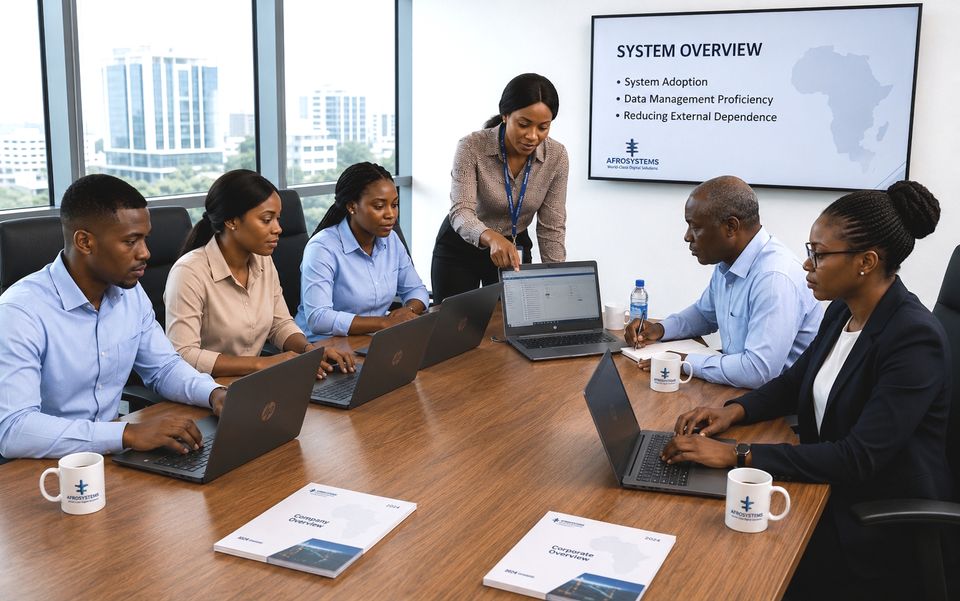 Staff being trained on newly deployed systems around a conference table.